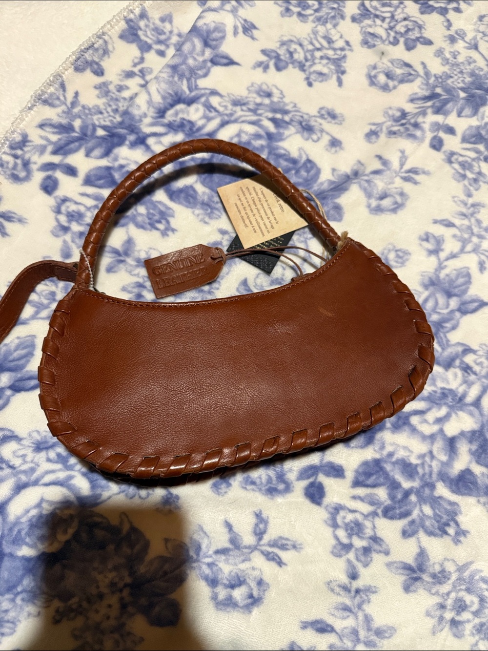 Genuine Leather Brown Mini Hobo Bag with Woven Trim